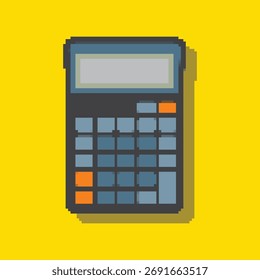 Gráfico de estilo retro de 8 bits de una calculadora con Botones y una pantalla, que simboliza las finanzas, las matemáticas o los negocios