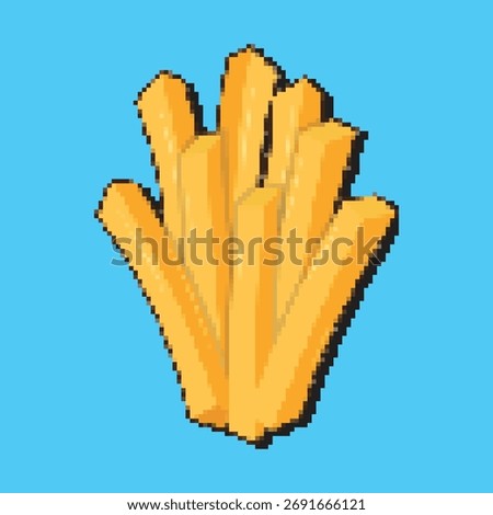 Retro 8-bit style graphic of a handful of crispy French fries, symbolizing fast food, snack, or unhealthy eating