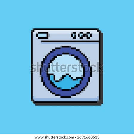 Retro 8-bit style graphic of a washing machine with water visible inside, symbolizing laundry, cleaning, or household chores