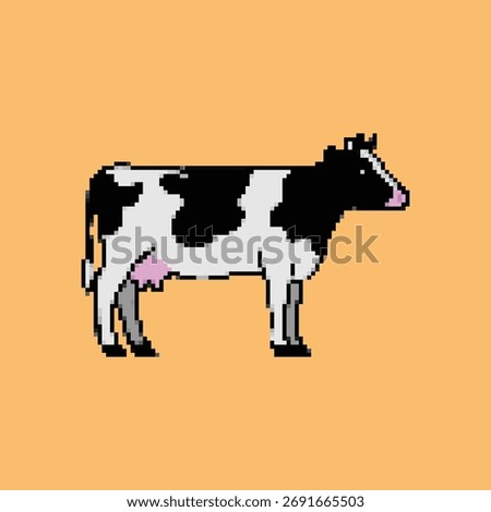Retro 8-bit style image of a dairy cow standing sideways, representing farm life or milk products