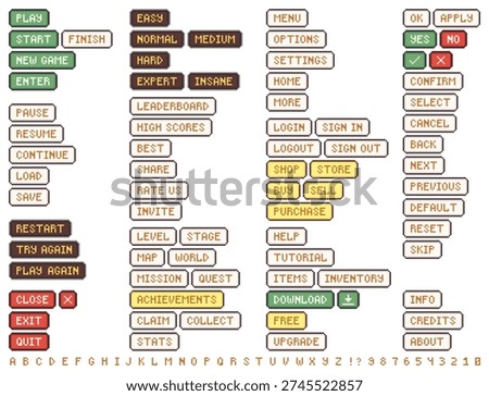 Retro 8-bit video game menu interface elements, pixelated arcade navigation blocks and vintage GUI graphic assets. Web design button pack with bitmap font alphabet and numbers