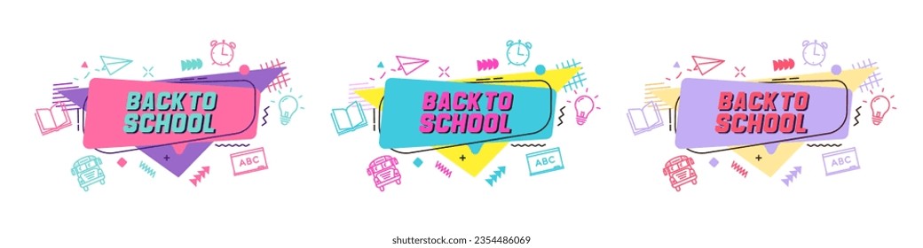 Retro 90s and 00s y2k back to school text speech bubble frames in different premium oldschool color schemes. Education related icons and geometric shapes