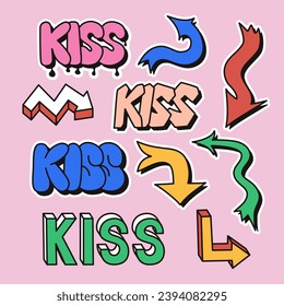 Retro 90s 2yk style sticker set with word Kiss. Hand drawn lettering in bubble, street style graffiti and 2000s style. Ideal for stickers, decoration. Different kind of arrows.