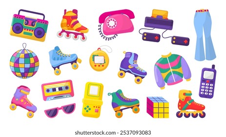 Ícones retro 90s 80s. Patins de rolo vintage, ferramentas de jogo sistema de gravação de áudio disco ball. Adesivos e emblemas isolados em estilo hipster, clipart de vetor neotérico