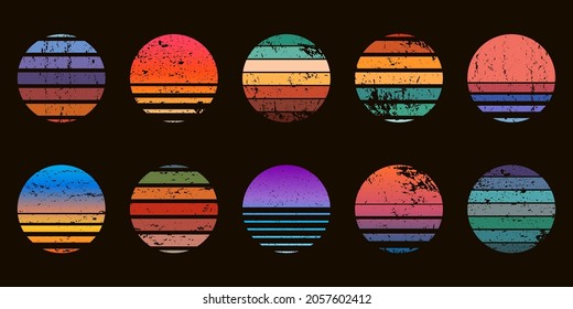 Retro 90s abstract ocean sunset circle badges. Surf beach graphic sunrise with gradient and grunge texture. Neon vintage sunset vector set. Round emblems with sea and tropical sunlight