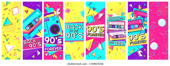Retro 90s banner. Nineties forever, back to the 90s and pop memphis background banners vector illustration set. Trendy fashion nineties, decoration party 90s