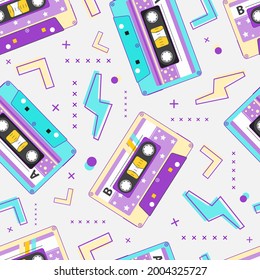 Retro 90's cassette tape vector seamless repeat pattern.