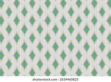 Retro 90s colorful green yellow geometric seamless pattern featuring vibrant diamonds and vertical lines on white background. Perfect for fashion, packaging, and digital designs.