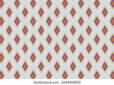 Retro 90s colorful red yellow geometric seamless pattern featuring vibrant diamonds and vertical lines on white background. Perfect for fashion, packaging, and digital designs. High-resolution vector.