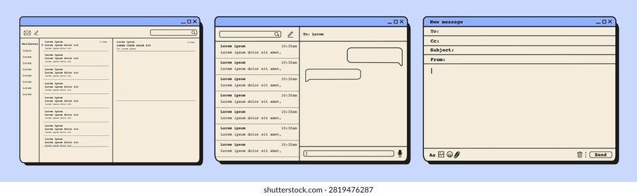 Retro 90s computer email interface with inbox, chat, message windows. Vintage digital communication, old PC software, and nostalgic technology design. Flat vector illustration isolated on background.