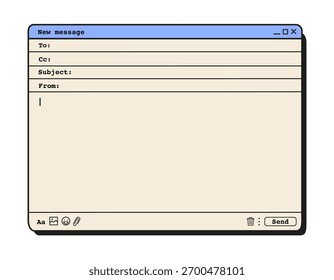 Interface de computador Retro 90s com nova janela de mensagem de e-mail. Comunicação digital antiga, design de software de PC antigo, conceito de tecnologia nostálgica. Ilustração de vetor plano isolada em fundo branco.