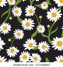 Retro 90s Daisy Pattern With Stems And Leaves Seamless Print Black Ground