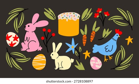 Retro 90s Páscoa adesivos de desenhos animados com coelhos alegres, ovos coloridos, elementos florais e cestas de Páscoa. Formas groovy ousadas, estilo doodle desenhado à mão e vibrações festivas brilhantes.