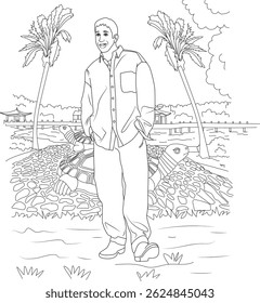 Retro 90s Fashion Man Coloring Page, Black and white line art illustration of a man in casual 90s style clothing standing in an outdoor park scene with palm trees, a bridge, pagoda, and tortoises on