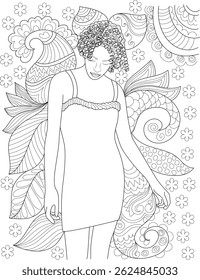 Retro 90s Fashion Woman Line Art, Black and white line art illustration of a stylish woman with curly hair in a dress, surrounded by abstract and floral patterns. Designed in a vintage 90s fashion