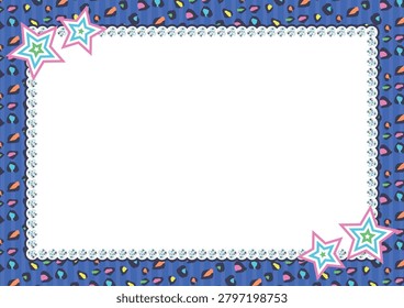 Retro 90s gal style frame with neon colorful leopard print on blue striped background decorated with rhinestones and bright stars