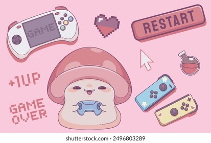 Retro 90s game sticker set. Cute cartoon illustration of vintage videogame console and pixel buttons, icons of heart and arrow pointer, mushroom player character with controller. 1990s aesthetic badge