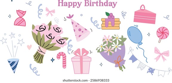 Retro 90s Happy Birthday Stickers – Colorful Party Icons and Celebration Elements as gift box, balloons, party hat, confetti, candles, cake, birthday cake, cupcake, sweets, candy, dessert, surprise