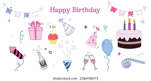 Retro 90s Happy Birthday Stickers – Colorful Party Icons and Celebration Elements as gift box, balloons, party hat, confetti, candles, cake, birthday cake, cupcake, sweets, candy, dessert, surprise