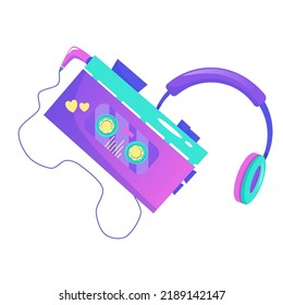 Retro 90s hippie cassette recorder with headphones isolated illustration cartoon style. Vector cartoon 1990 style set. Retro elements isolated.