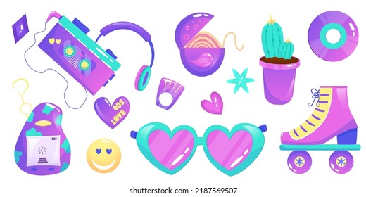 Retro 90s hippie clipart isolated illustration cartoon style. Vector cartoon 1990 style set. Retro elements, rollerblades, cassette recorder with headphones, chewing gum, glasses in bright neon colors