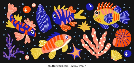 Retro 90s hippie fish stickers, acid psychedelic groovy elements. Seaweeds, seashells, aquarium, underwater world, vintage set of hippie style vector elements