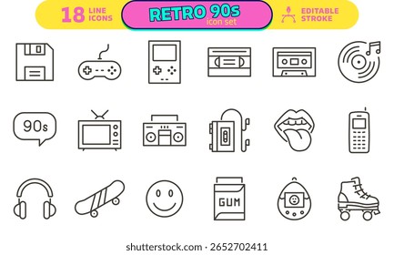 Conjunto de ícones Retro 90s. Linha fina editável traço ícones para nostálgico design dos anos noventa, vintage eletrônica, cultura pop, tecnologia retro, videogames, música e retrô tendências de marca