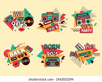 Retro 90s labels. Colored badges vintage old school style fashion elements musical boombox for pop music 80s abstract geometrical design forms recent vector set