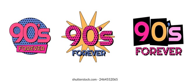 Retro 90s lettering. Bright multicolor text in pink, yellow, black and blue. Vector illustration in trendy 90s, 00s, y2k style.