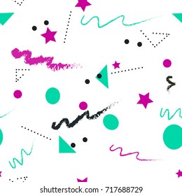 Retro 90s memphis style geometric elements vector seamless pattern background, with scribbles, dots, triangles and circles in teal, magenta, and black on a white background