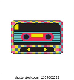 Retro 90s Multicolor Audio Cassette Isolated Vector illustration. Yellow pink blue purple nostalgic. Trends of 2023. SHOTLIST1990