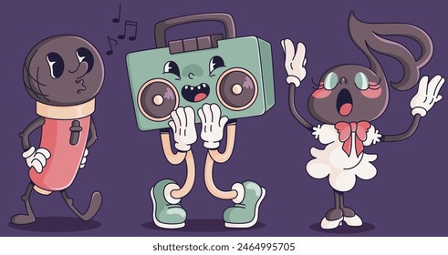 Retro 90s music disco dj character cartoon vector. Comic funny 80s radio mascot with vintage microphone equipment smile icon. Funky and groovy dance element for techno or rap cool karaoke sound