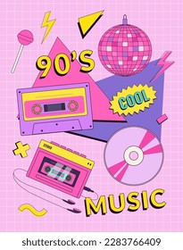 Retro 90's music festival poster, invitation card or banner with audio player, cassette, disco ball and geometric elements. Disco vector background illustration. Memphis style.