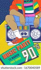 Retro 90s music party colorful background with DJ or fashion man sitting on acoustic music system recorder in vintage style, cartoon sketch vector illustration.