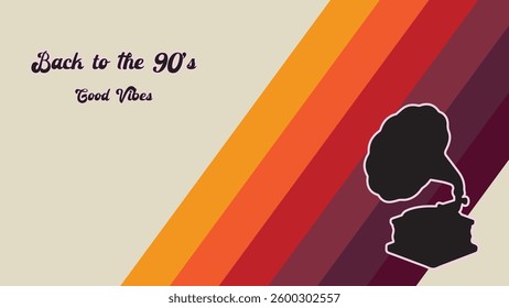 Retro 90s Music Vibes with Vintage Gramophone and Colorful Stripes Background