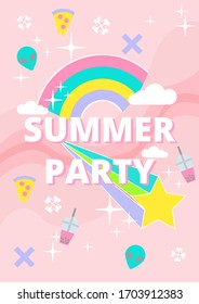 Retro 90s pastel goth sticker icon summer party poster decorate with alien pizza rainbow and star on pastel pink background