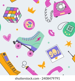 Retro 90s pattern. Various elements, objects in the style of the 90s on a light background. Vector illustration