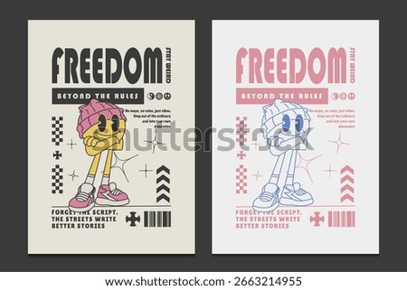 retro 90s poster or graphic t-shirt design featuring a cartoon mascot with streetwear style, vector illustration