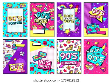 Retro 90s poster. Nineties forever, funky 1990s music night party posters and pop flyer card vector set. 1990s pattern entertainment invitation with cassette and memphis pattern illustration