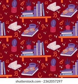 Retro 90s seamless pattern with books, letters and related items. Minimalistic cosy vintage design for wrapping paper, textile, decoration, scrapbooking