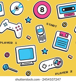 Retro 90s seamless pattern. Vector hand-drawn retro pattern for fabric, backgrounds, and wallpaper.