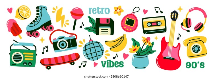 Retro 90s sticker set with roller skate, radio, cassette, guitar, headphones and colorful nostalgic icons. Vector illustration