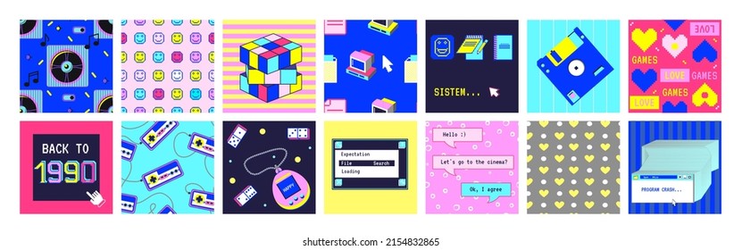 Retro 90s Stickers. Abstract Colorful 1990s Square Posters, Nostalgia Elements And Patterns, Vintage Browser Dialog Tab, Retro Computer Interface, Technology Background, Vector Cartoon Set