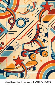 Retro 90s style concept. Character editable template for banner, poster,  cover or web background. Concept of: vintage music, old school,1990s pop songs.