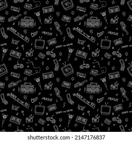 Retro 90s style pattern. Doodle vintage elements. Bllack and white seamless background. Sketch 1990s things and lettering.