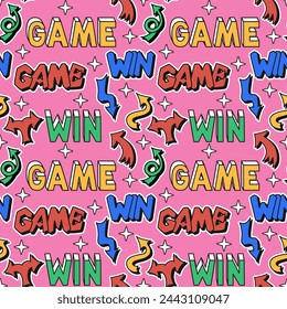 Retro 90s style pattern with word stickers on pink background. Hand drawn words game, win in bubble, street style graffiti style. Perfect for background, textile.