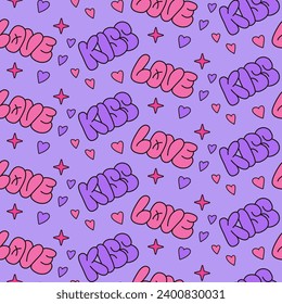 Retro 90s style pattern with words kiss, love in bubble street style. Hand drawn vector words and hearts on lilac background. Good for Valentines day