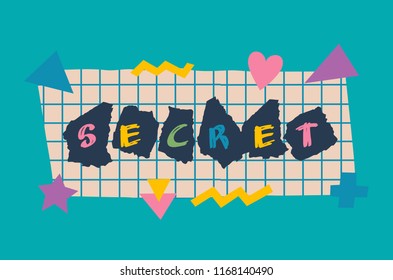 Retro 90s Style Secret Lettering With Bright Geometric  Elements.Retro Word Art For Prints On T-shirts, Card,cell Phone,bags Or Poster.Vector