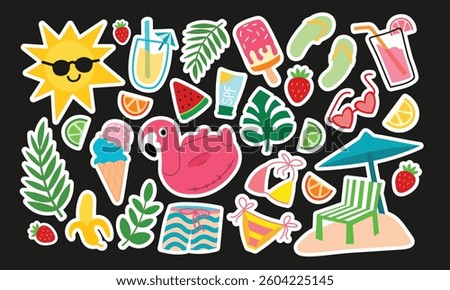 Retro 90s Summer Beach Sticker Pack – Funky Groovy Vacation Vibes. Bright Summer Party, Sun, Swimwear, Shore and Beach Season Elements. Patches, Labels and Stamps Collection.