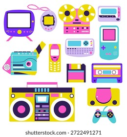Ilustración vectorial plana retro de la Colección del gadget de la Tecnología de los años 90 sobre fondo blanco. Nostalgic Antiguas Electronics Set.